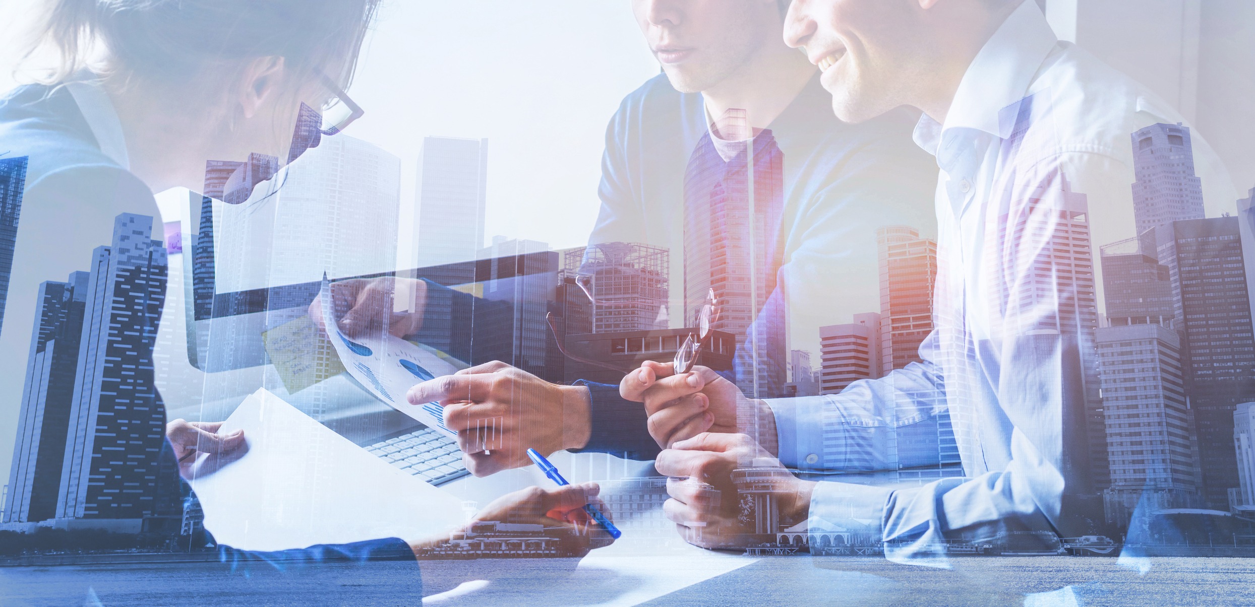business people working on marketing plan together in modern office, teamwork, double exposure banner