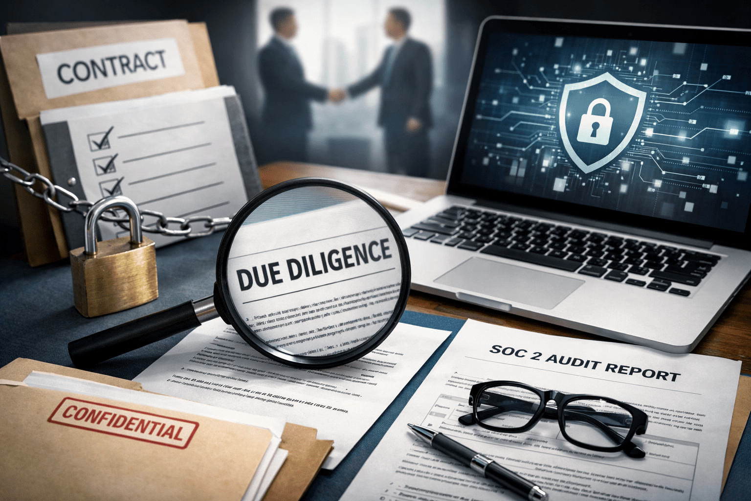 Third-party risk management and due diligence concept with secure documents, laptop security shield, and business agreement in background